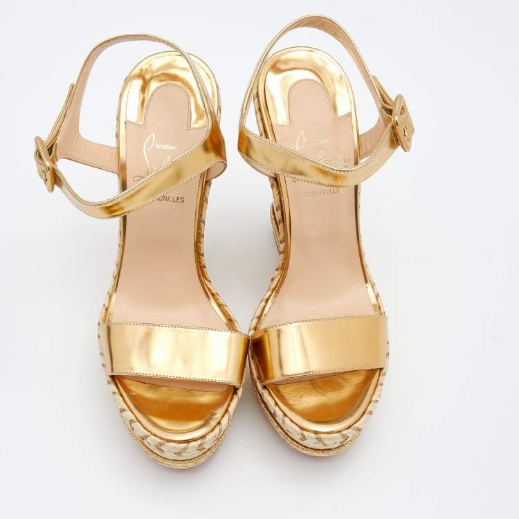 Pre Owned Christian Louboutin Metallic Gold Leather New Duplice Ankle Strap Wedge Platform Sandals Size 37