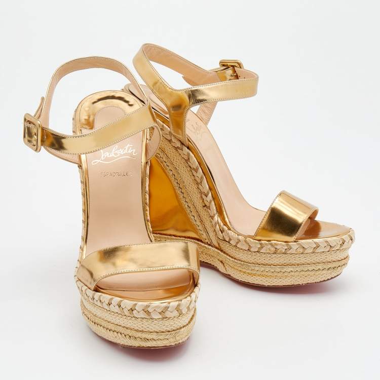 Pre Owned Christian Louboutin Metallic Gold Leather New Duplice Ankle Strap Wedge Platform Sandals Size 37