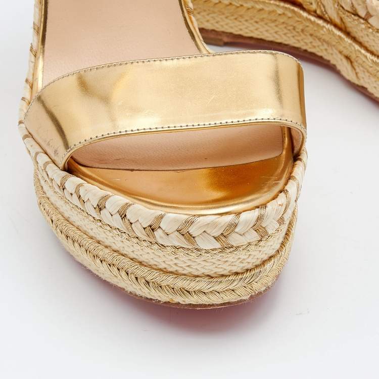 Pre Owned Christian Louboutin Metallic Gold Leather New Duplice Ankle Strap Wedge Platform Sandals Size 37