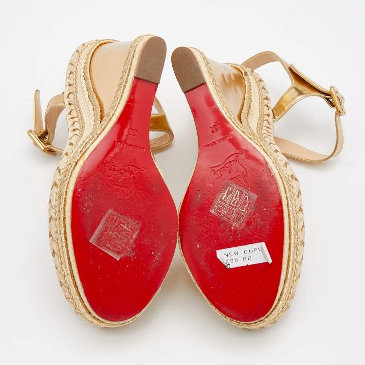 Pre Owned Christian Louboutin Metallic Gold Leather New Duplice Ankle Strap Wedge Platform Sandals Size 37