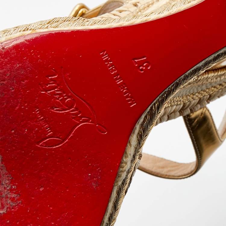 Pre Owned Christian Louboutin Metallic Gold Leather New Duplice Ankle Strap Wedge Platform Sandals Size 37