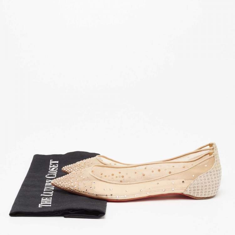 Pre Owned Christian Louboutin Beige Mesh and Lamé Fabric Follies Strass Ballet Flats Size 38.5
