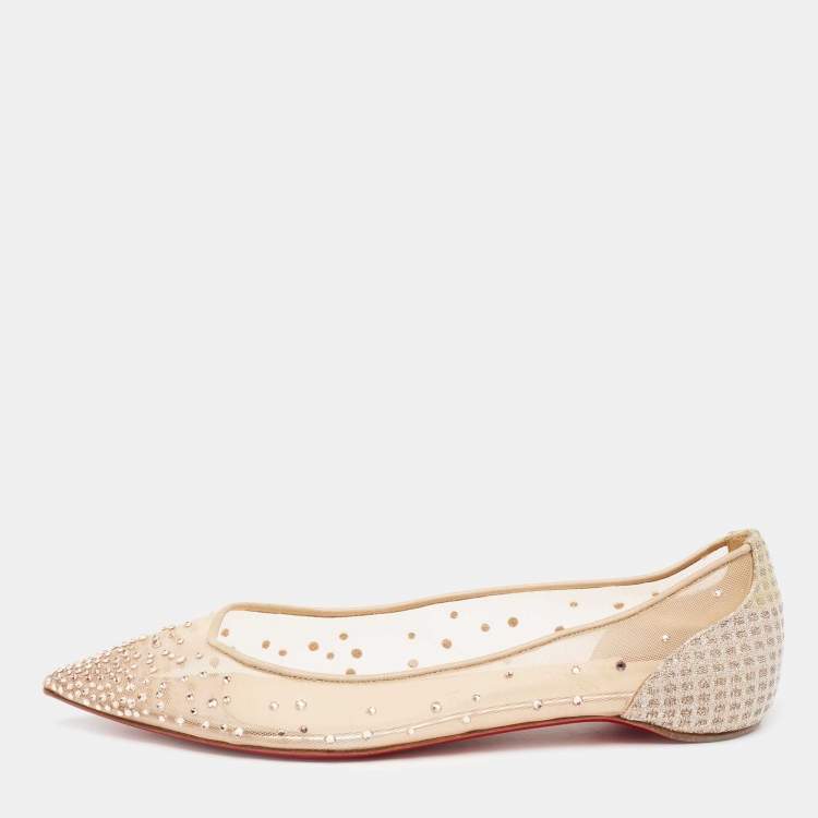 Pre Owned Christian Louboutin Beige Mesh and Lamé Fabric Follies Strass Ballet Flats Size 38.5