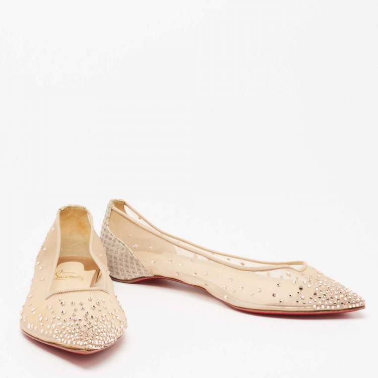 Pre Owned Christian Louboutin Beige Mesh and Lamé Fabric Follies Strass Ballet Flats Size 38.5