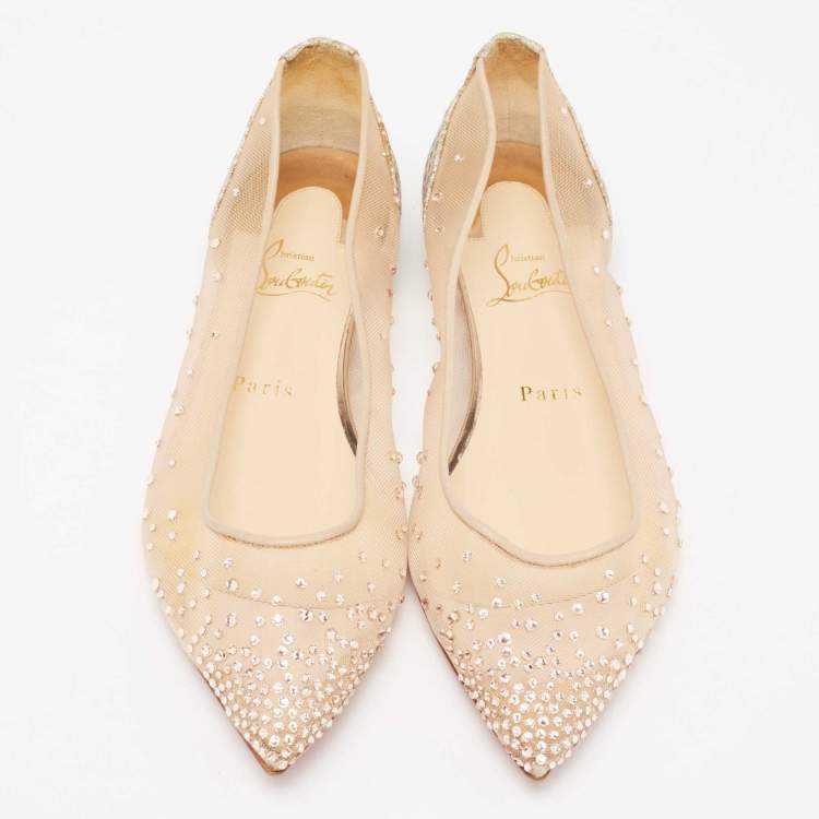 Pre Owned Christian Louboutin Beige Mesh and Lamé Fabric Follies Strass Ballet Flats Size 38.5