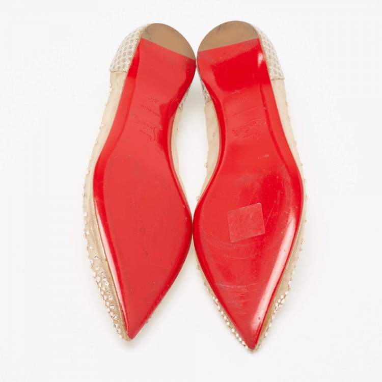 Pre Owned Christian Louboutin Beige Mesh and Lamé Fabric Follies Strass Ballet Flats Size 38.5