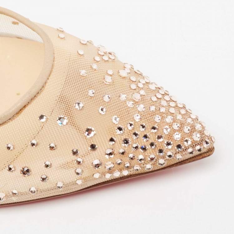Pre Owned Christian Louboutin Beige Mesh and Lamé Fabric Follies Strass Ballet Flats Size 38.5