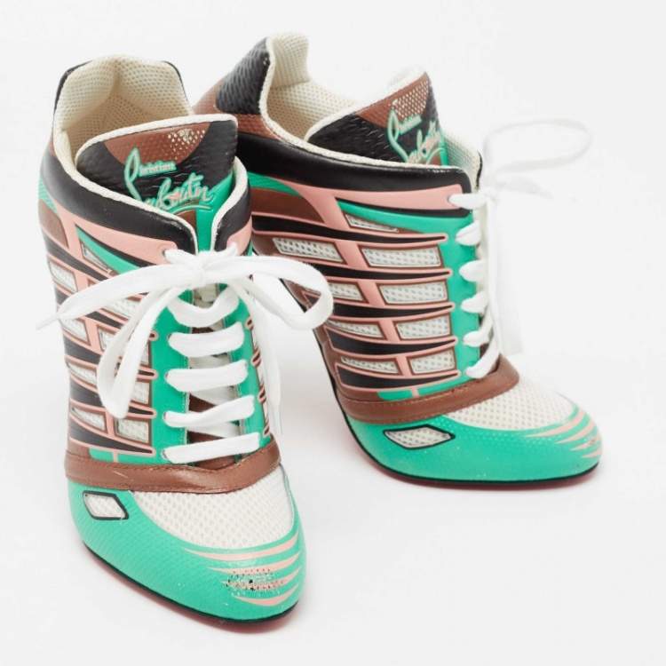 Pre Owned Christian Louboutin Multicolor Leather and Mesh Boltina Fluo Sneaker Booties Size 38