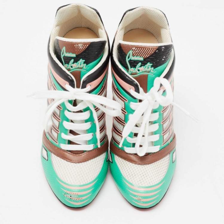 Pre Owned Christian Louboutin Multicolor Leather and Mesh Boltina Fluo Sneaker Booties Size 38