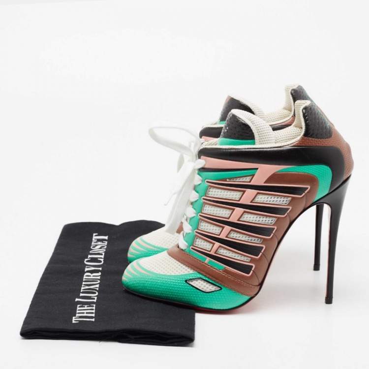 Pre Owned Christian Louboutin Multicolor Leather and Mesh Boltina Fluo Sneaker Booties Size 38