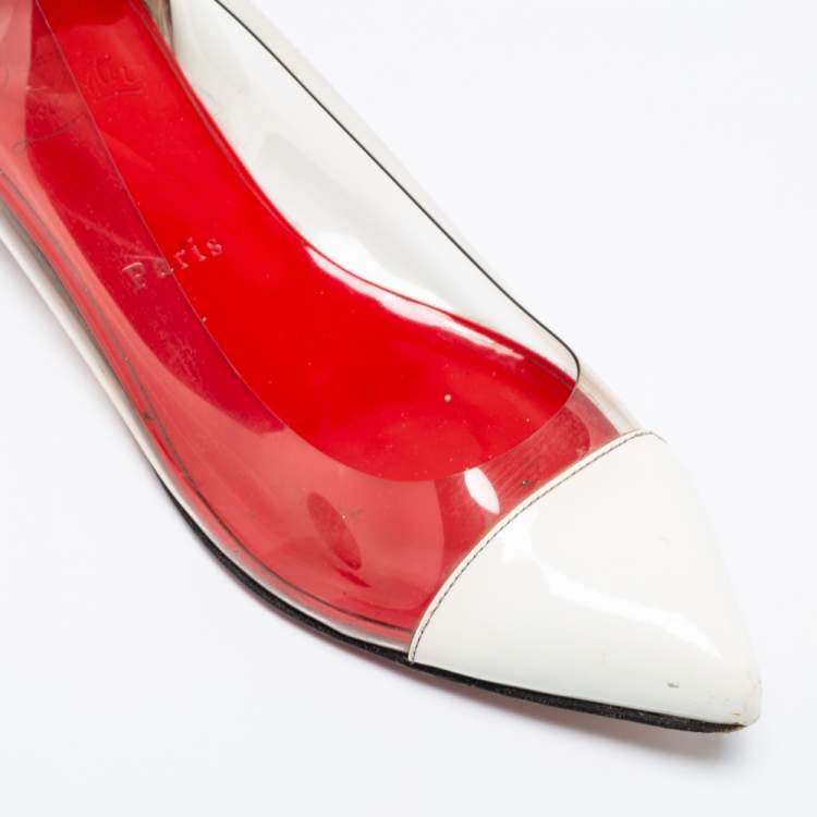 Pre Owned Christian Louboutin White/Black Patent Leather and PVC Corbeau Ballet Flats Size 36.5 