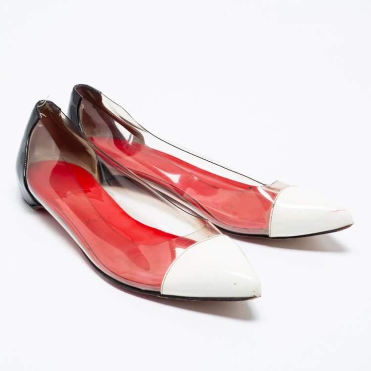 Pre Owned Christian Louboutin White/Black Patent Leather and PVC Corbeau Ballet Flats Size 36.5 