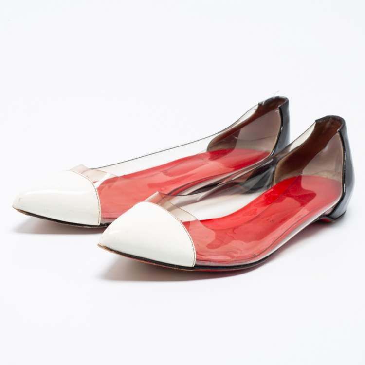 Pre Owned Christian Louboutin White/Black Patent Leather and PVC Corbeau Ballet Flats Size 36.5 