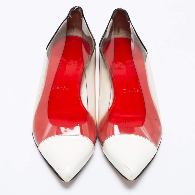 Pre Owned Christian Louboutin White/Black Patent Leather and PVC Corbeau Ballet Flats Size 36.5 