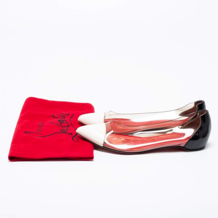 Pre Owned Christian Louboutin White/Black Patent Leather and PVC Corbeau Ballet Flats Size 36.5 