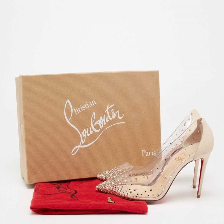 Pre Owned Christian Louboutin Off-White Leather Crystal Embellished Pointed Toe Degrastrass Pumps Size 37