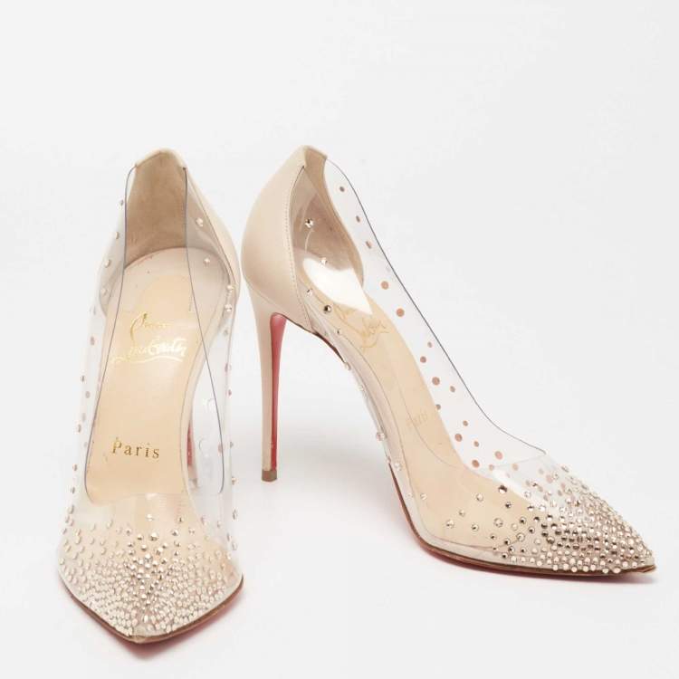 Pre Owned Christian Louboutin Off-White Leather Crystal Embellished Pointed Toe Degrastrass Pumps Size 37