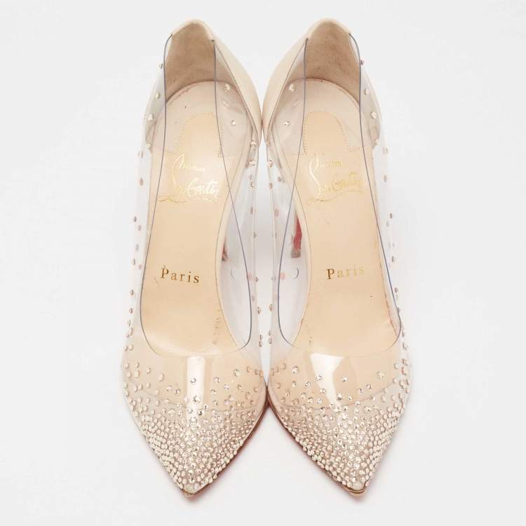 Pre Owned Christian Louboutin Off-White Leather Crystal Embellished Pointed Toe Degrastrass Pumps Size 37
