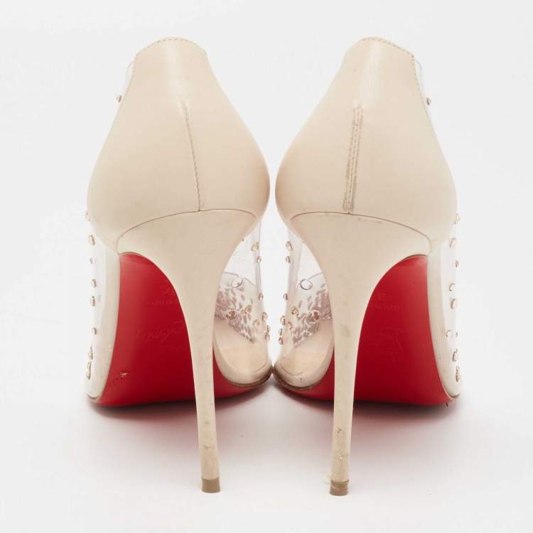Pre Owned Christian Louboutin Off-White Leather Crystal Embellished Pointed Toe Degrastrass Pumps Size 37