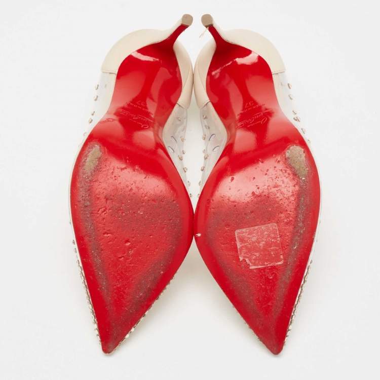 Pre Owned Christian Louboutin Off-White Leather Crystal Embellished Pointed Toe Degrastrass Pumps Size 37
