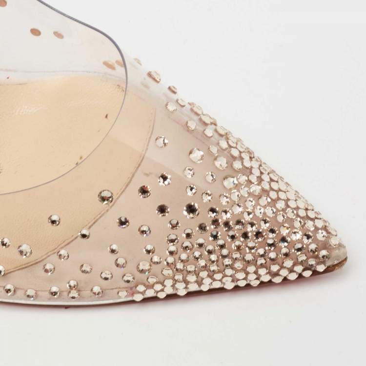 Pre Owned Christian Louboutin Off-White Leather Crystal Embellished Pointed Toe Degrastrass Pumps Size 37
