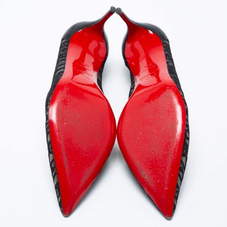 Pre Owned Christian Louboutin Black Lace and Leather Dorissima Dentelle Pumps Size 38.5