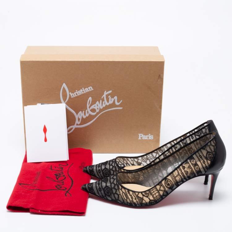 Pre Owned Christian Louboutin Black Lace and Leather Dorissima Dentelle Pumps Size 38.5
