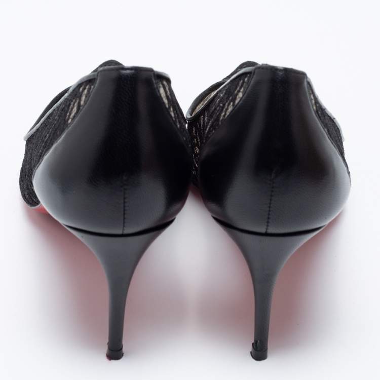Pre Owned Christian Louboutin Black Lace and Leather Dorissima Dentelle Pumps Size 38.5