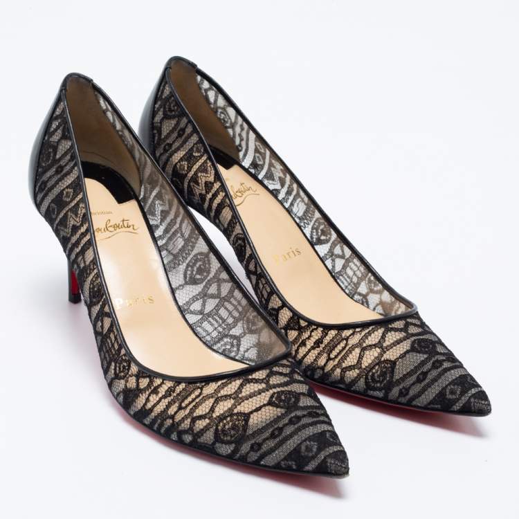 Pre Owned Christian Louboutin Black Lace and Leather Dorissima Dentelle Pumps Size 38.5