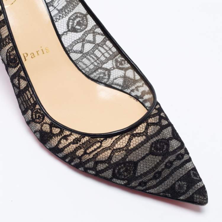 Pre Owned Christian Louboutin Black Lace and Leather Dorissima Dentelle Pumps Size 38.5