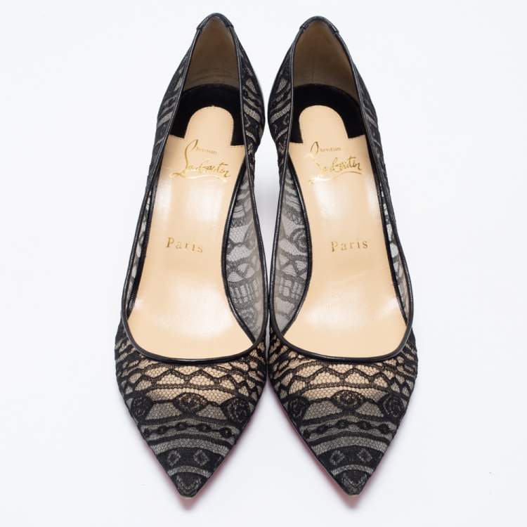 Pre Owned Christian Louboutin Black Lace and Leather Dorissima Dentelle Pumps Size 38.5