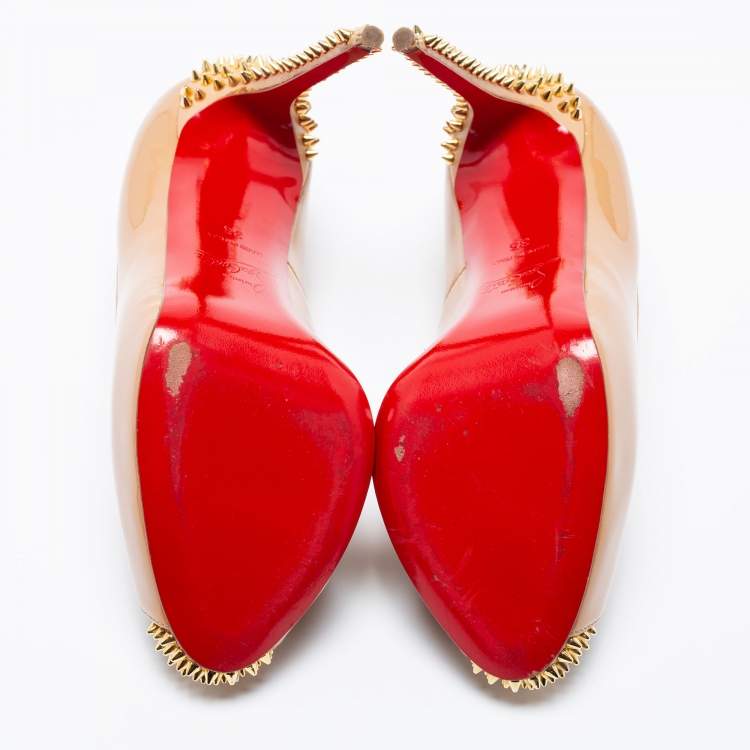 Pre Owned Christian Louboutin Beige Patent Leather New Very Prive Studded Peep-Toe Pumps Size 35