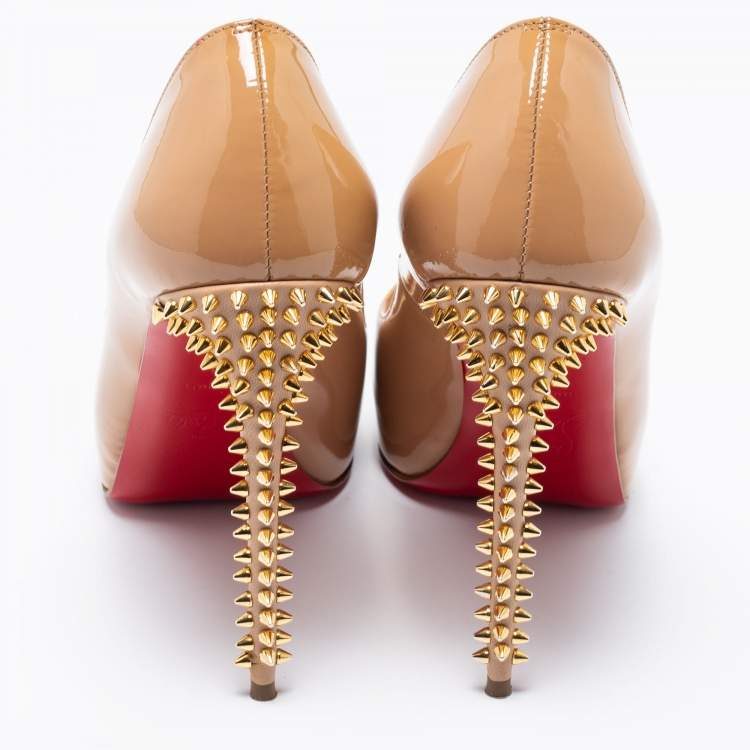 Pre Owned Christian Louboutin Beige Patent Leather New Very Prive Studded Peep-Toe Pumps Size 35