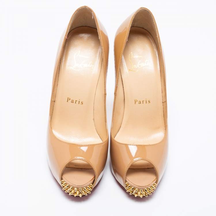 Pre Owned Christian Louboutin Beige Patent Leather New Very Prive Studded Peep-Toe Pumps Size 35