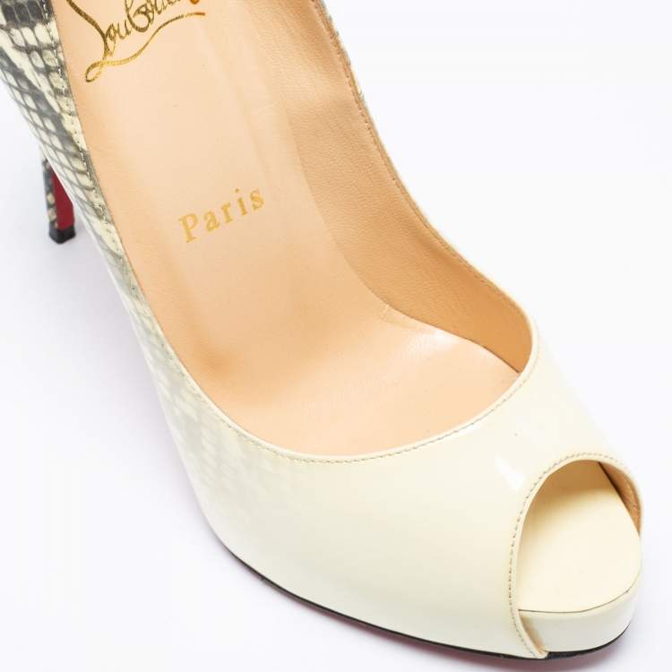 Pre Owned Christian Louboutin Cream/Black Python Print Ombre Patent Leather Very Prive Peep-Toe Pumps Size 35