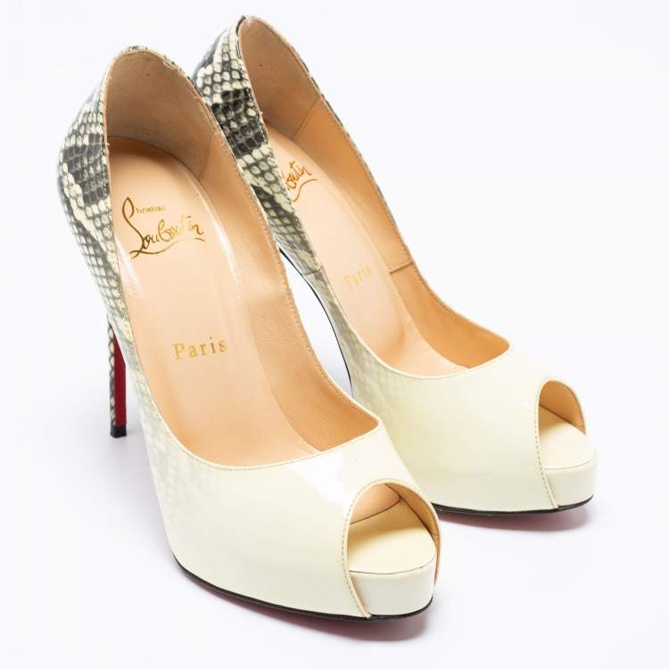 Pre Owned Christian Louboutin Cream/Black Python Print Ombre Patent Leather Very Prive Peep-Toe Pumps Size 35