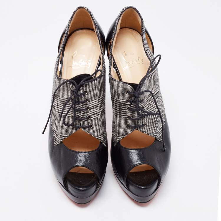 Pre Owned Christian Louboutin Black Leather And Tartan Fabric Platform Oxford Booties Size 38.5