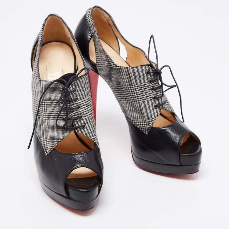 Pre Owned Christian Louboutin Black Leather And Tartan Fabric Platform Oxford Booties Size 38.5