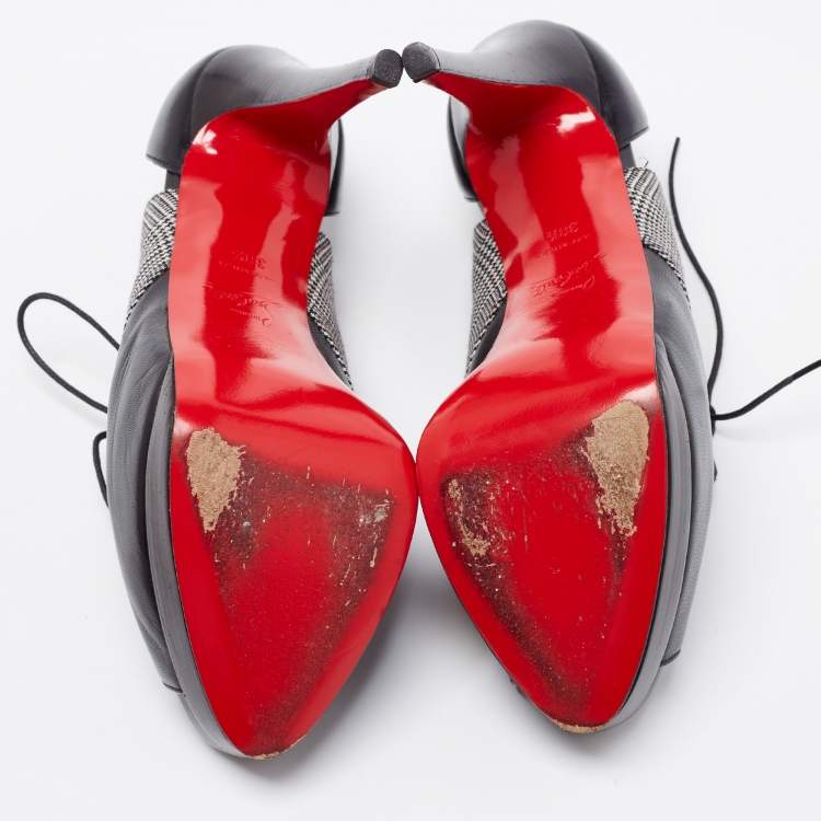 Pre Owned Christian Louboutin Black Leather And Tartan Fabric Platform Oxford Booties Size 38.5