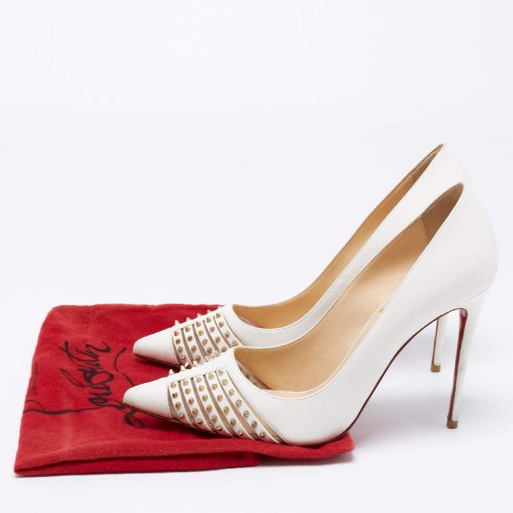 Pre Owned Christian Louboutin White Leather Bareta Spike Accents Pointed Toe Pumps Size 38.5