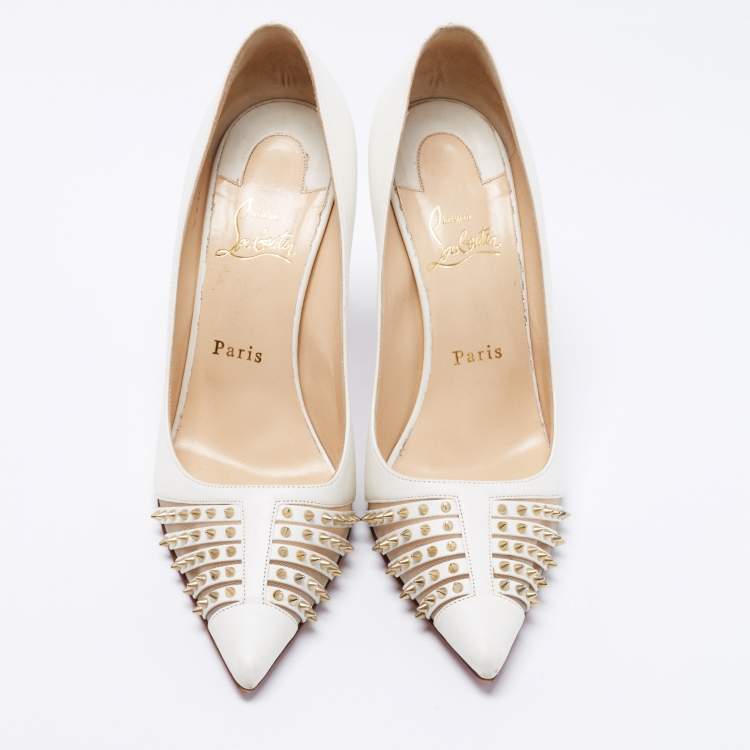 Pre Owned Christian Louboutin White Leather Bareta Spike Accents Pointed Toe Pumps Size 38.5