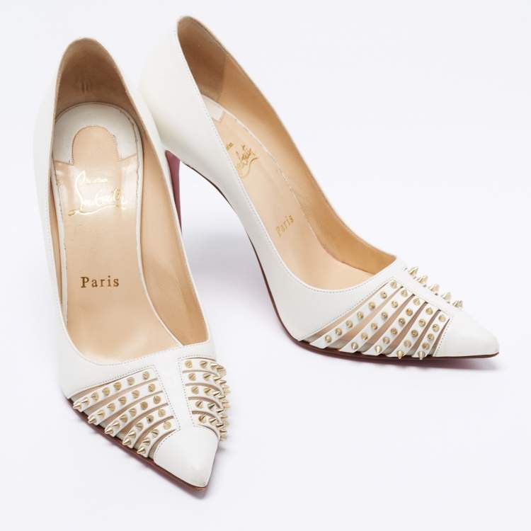 Pre Owned Christian Louboutin White Leather Bareta Spike Accents Pointed Toe Pumps Size 38.5
