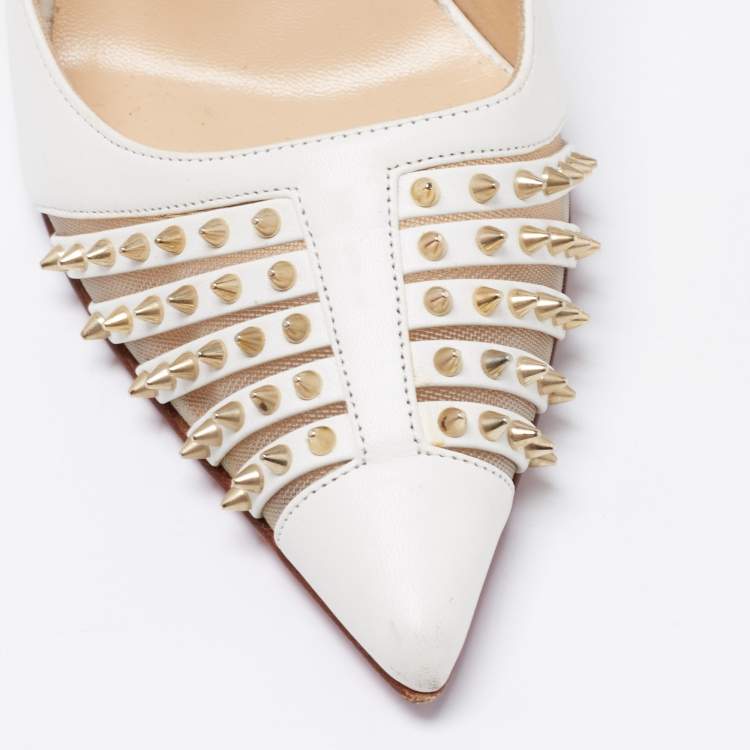 Pre Owned Christian Louboutin White Leather Bareta Spike Accents Pointed Toe Pumps Size 38.5