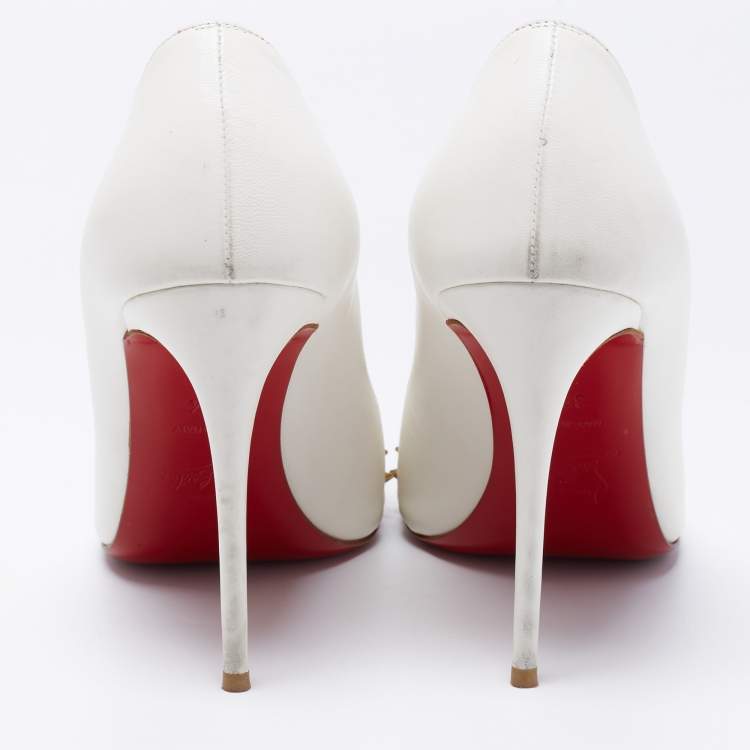 Pre Owned Christian Louboutin White Leather Bareta Spike Accents Pointed Toe Pumps Size 38.5