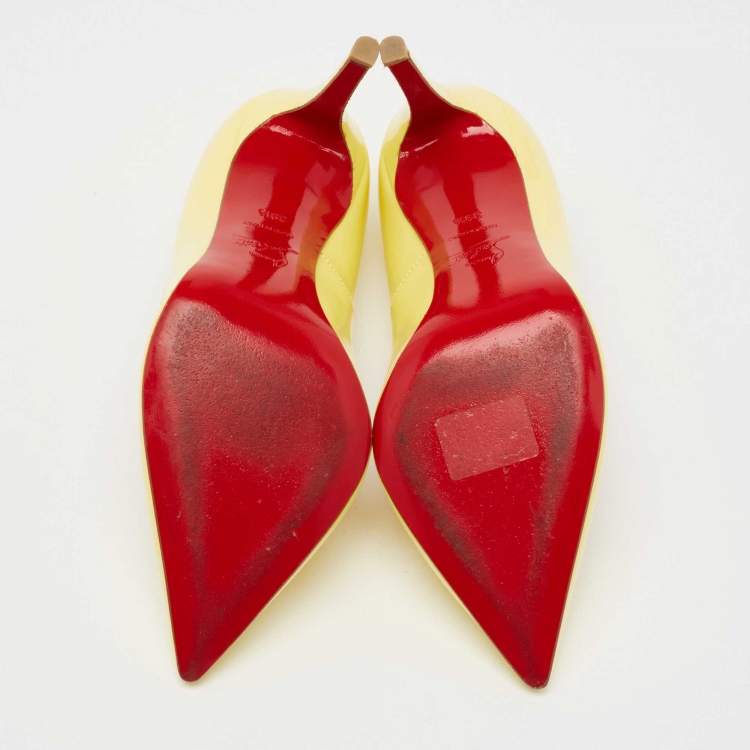 Pre Owned Christian Louboutin Light Yellow Patent Leather Pigalle Pointed Toe Pumps Size 39.5