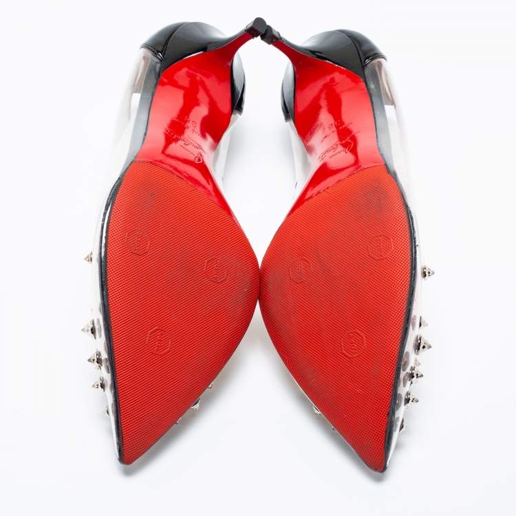 Pre Owned Christian Louboutin Black Patent Leather And PVC Collaclou Spike Pointed Toe Pumps Size 38