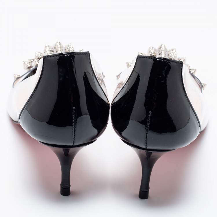 Pre Owned Christian Louboutin Black Patent Leather And PVC Collaclou Spike Pointed Toe Pumps Size 38
