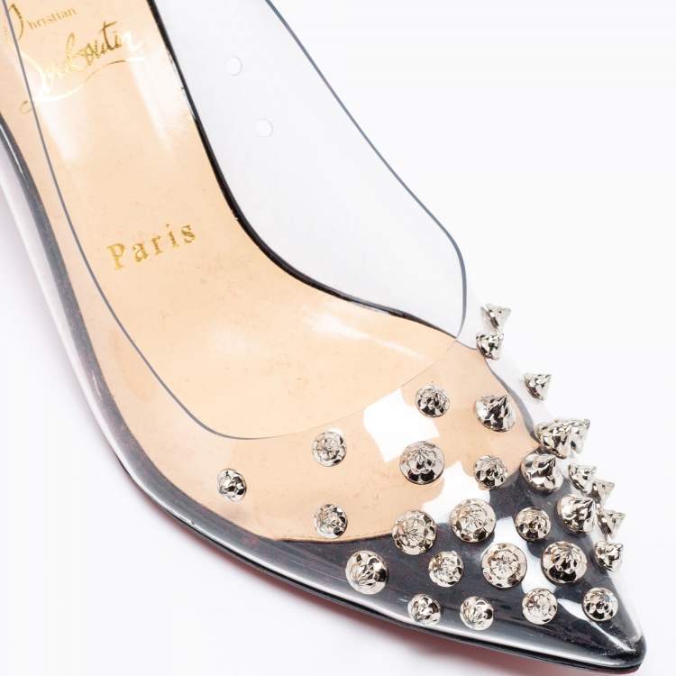Pre Owned Christian Louboutin Black Patent Leather And PVC Collaclou Spike Pointed Toe Pumps Size 38