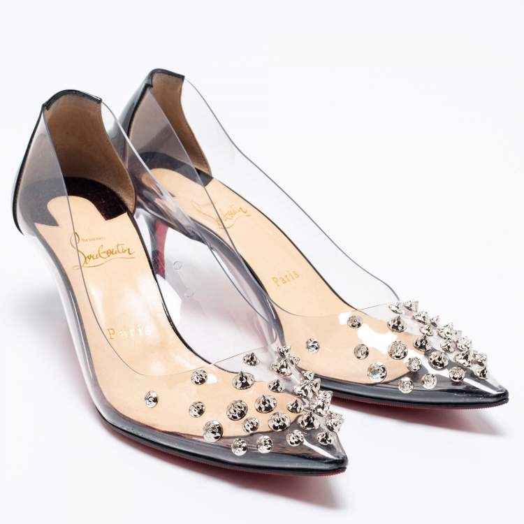 Pre Owned Christian Louboutin Black Patent Leather And PVC Collaclou Spike Pointed Toe Pumps Size 38