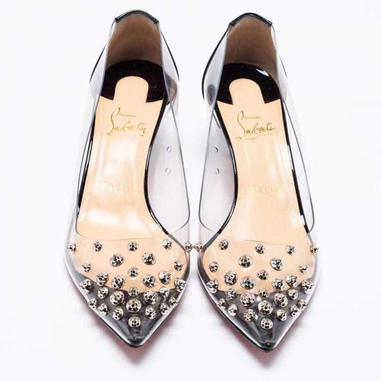 Pre Owned Christian Louboutin Black Patent Leather And PVC Collaclou Spike Pointed Toe Pumps Size 38